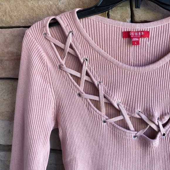 Guess Rose Bliss Pink ribbed knit sweater top NWT Large - Picture 3 of 11
